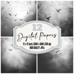 12x Ghostlight Sky Blur Junk Journal Paper Pacote de papel digital Moody Birds Textura de céu nebuloso JPGs de alta qualidade Papel para impressão