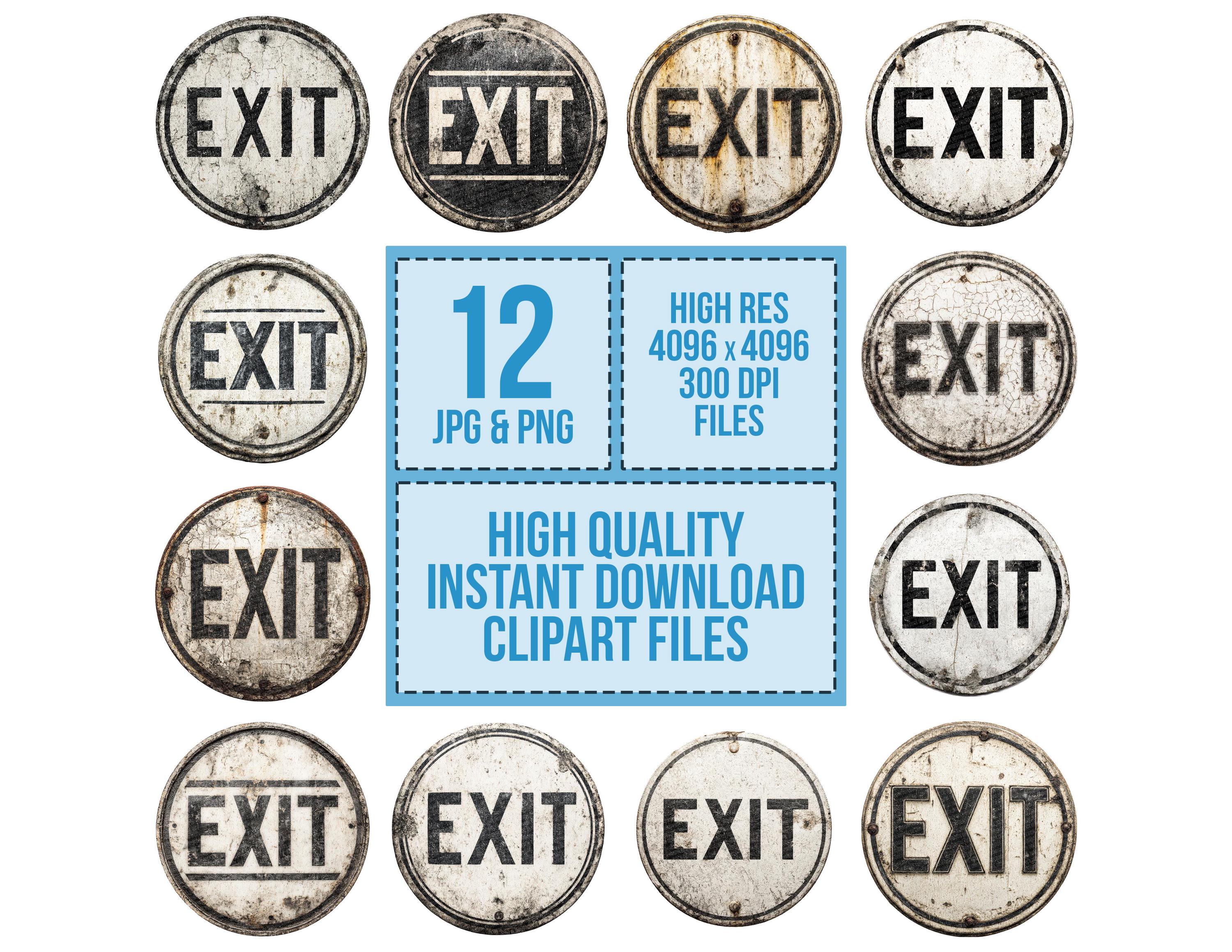 Rounded Exit Sign Vintage Exit Sign PNG Clipart, 12x Retro Round Exit Sign Clip Art Set ...