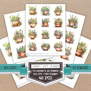 May include: Watercolor illustrations of potted succulents on white paper. The image includes multiple sheets with various succulent arrangements in terracotta pots. Text on the image reads "Fussy Cut Pages", "US Letter & A4 Sheets", "Inc. JPG + PNG Clipart", "48 PCS", and "12 Pages".