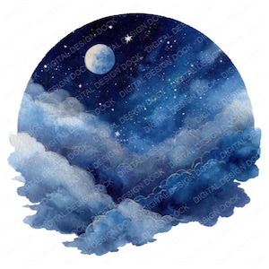 Starry Sky Clipart, 12x Night Clouds Watercolor PNG, Printable Clip Art, High Quality JPG, Digital Download, Transparent Background PNG