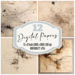 May include: A collage of four digital papers with a vintage aesthetic. The papers are beige and tan with distressed textures and abstract markings. The image includes the text "12 Digital Papers" and details about the size and resolution.