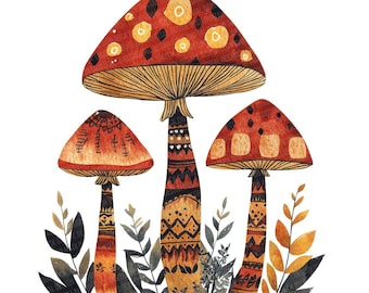 Folklore Pilz Trio PNG Clipart, 12x Pilz und Blätter Clip Art Set, druckbare Aquarell Clip Art, digitaler Download, transparenter PNG
