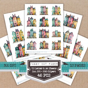 Può includere: Illustrazioni ad acquerello di case colorate su carta bianca. L'immagine include più fogli di carta con vari disegni di case nei toni del rosa, blu, giallo e verde. Il testo sull'immagine recita "Fussy Cut Pages", "US Letter & A4 Sheets" e "48 PCS".