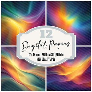 Op de afbeelding: Een digitale kunstprint met vier panelen van abstracte, wervelende ontwerpen in levendige kleuren. Het kleurenpalet omvat tinten paars, geel, oranje en blauw. De afbeelding bevat de tekst "12 Digital Papers" en details over de grootte en resolutie.