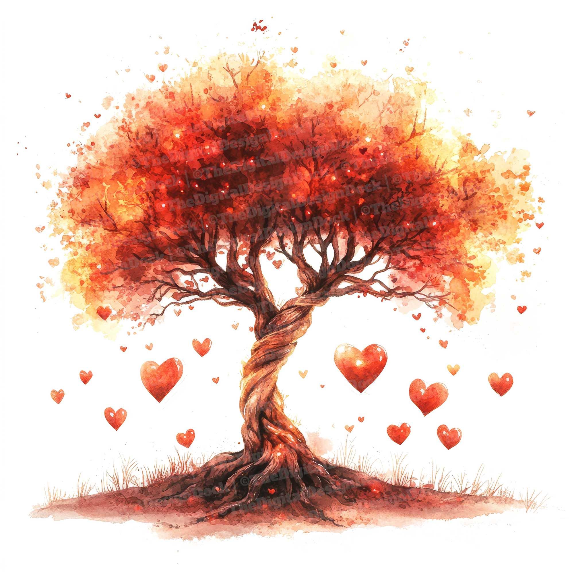 Fall Tree Heart Vector 12 Heart Tree Clipart, Watercolor Autumn Tree With Falling Hearts ...