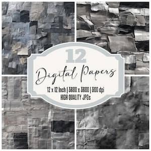 May include: A digital art image featuring four textured backgrounds in shades of gray and black. The image includes a central label with the text "12 Digital Papers" and details about the paper size and resolution.