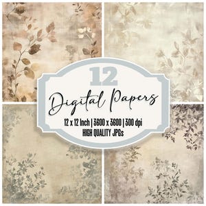 Muted Botanical Junk Journal Paper Pack, 12x Aged Linen Digital Paper, Vintage Floral Texture,Rustic Scrapbook Backgrounds,High Quality JPGs
