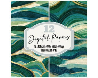 12x Gouache Flow Fields Junk Journal Paper Malachite Green Gold Cream Digital Paper Pack Watercolor Backgrounds Scrapbook Ephemera JPGs