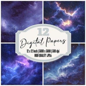 12 x Indigo Starfield Fog Junk Journal Paper Celestial Digital Paper Pack Hoge kwaliteit JPG's Galaxy Scrapbook Afdrukbare achtergronden