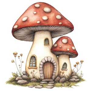 Champignon maison PNG Clipart, 12 x aquarelle cottage de fées Clip Art ensemble, imprimable Fantasy Clip Art, téléchargement numérique, travaux manuels en papier, journal indésirable