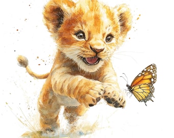 12 Lion Cub Clipart, Watercolor Baby Lion with Butterfly Art, Jungle Animal Clipart, Digital Download, Paper Crafts, Wall Art, Junk Journals