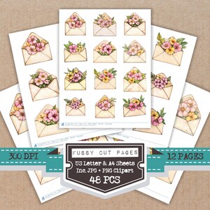 May include: Sheets of stickers featuring watercolor illustrations of envelopes overflowing with pink and yellow flowers. The stickers are arranged on white paper, with the text "FUSSY CUT PAGES" and "US Letter & A4 Sheets Inc. JPG + PNG Clipart 48 PCS 12 PAGES".