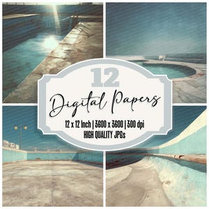 May include: A collage of four images featuring a vintage-style swimming pool. The images are in shades of blue and gray. Text on the image reads "12 Digital Papers" and "12 x 12 Inch | 3600 x 3600 | 300 dpi HIGH QUALITY JPGs."