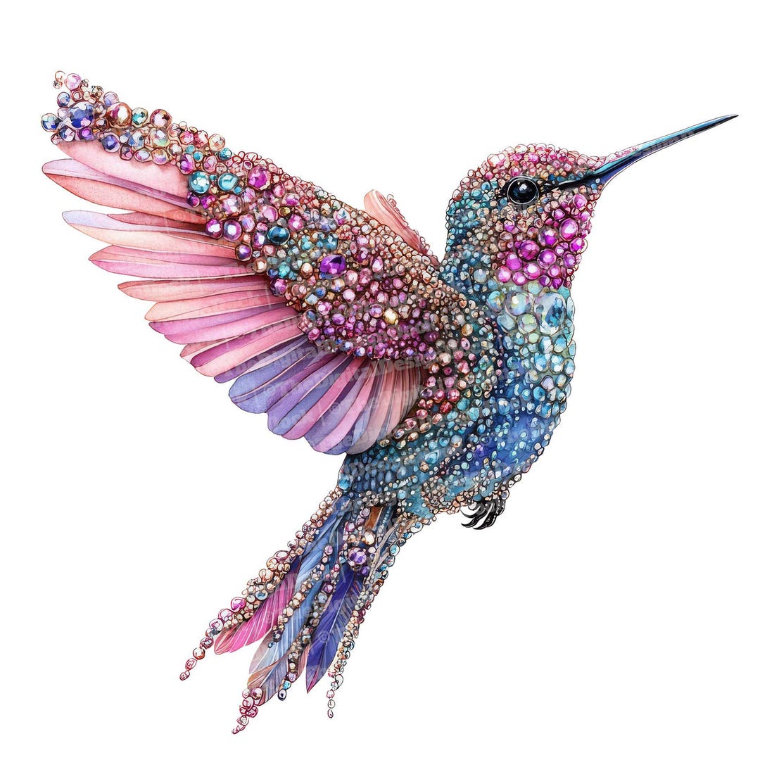 Jeweled Hummingbird Clip Art, 12x Watercolor Hummingbird With Gems ...
