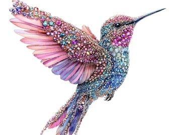 Jeweled Hummingbird Clip Art, 12x Watercolor Hummingbird with Gems Clipart Set, Printable Digital Art, Paper Crafts, Digital Download