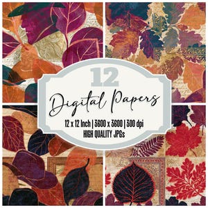 Könnte beinhalten: Eine Sammlung von 12 digitalen Papieren mit Herbstblattmustern in Rot-, Orange-, Lila- und Brauntönen. Der Text lautet 12 Digital Papers, 12 x 12 Inch | 3600 x 3600 | 300 dpi und HIGH QUALITY JPGs. Die Designs zeigen verschiedene Blattmotive.