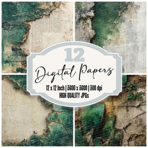 May include: A collage of four digital paper designs. Each design features a distressed, textured look with teal, beige, and brown tones. The image includes text that reads "12 Digital Papers" and details about the paper size and resolution.