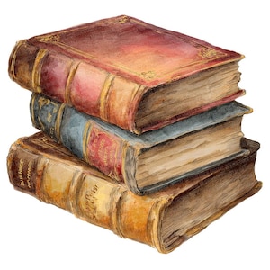 May include: A stack of three antique books with aged, textured covers. The top book is a deep red with gold accents, the middle one is blue, and the bottom one is tan. The books are stacked on top of each other.