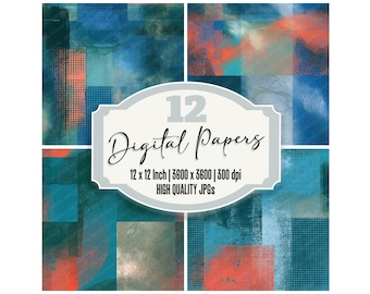 12x Seamless Halftone Junk Journal Paper Lagoon Coral Abstract Digital Paper Pack Distressed Backgrounds Papier Decoupes Texture JPGs