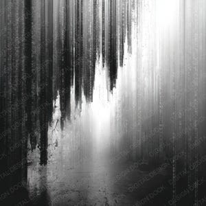 Peut inclure: &OElig;uvre d'art num&eacute;rique abstraite en nuances de gris. Des lignes verticales et un motif de type matrice cr&eacute;ent une sensation de profondeur et de mouvement. L'image a une esth&eacute;tique moderne et inspir&eacute;e de la technologie, avec le texte "DIGITAL DESIGN DOCK".