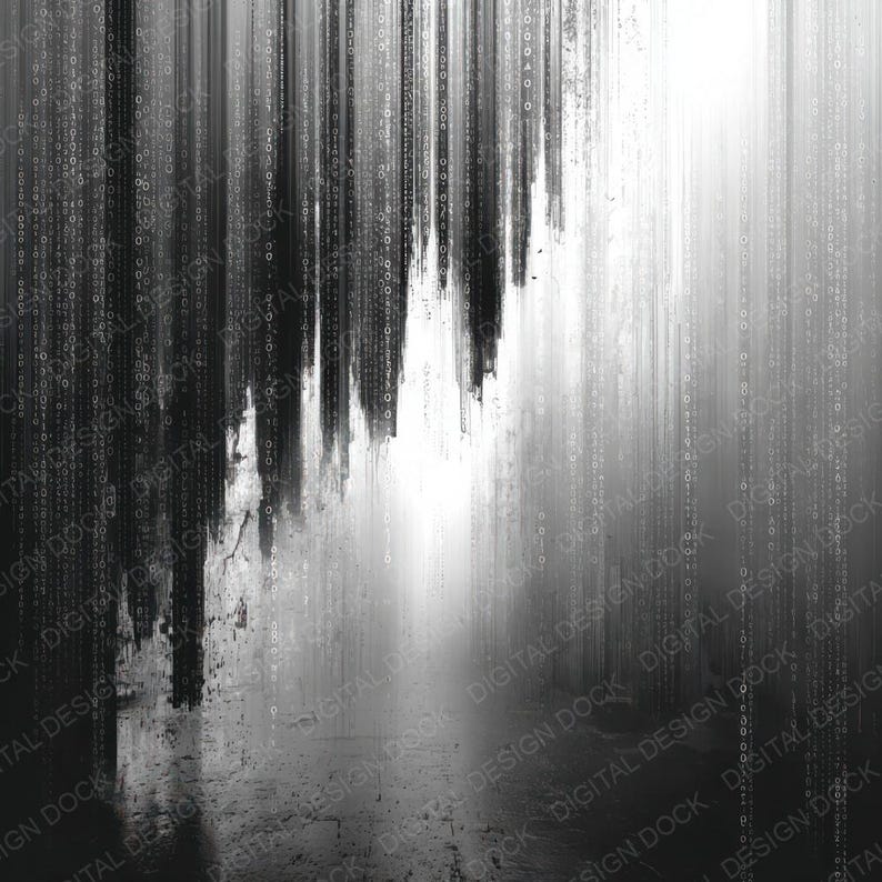 Peut inclure: &OElig;uvre d'art num&eacute;rique abstraite en nuances de gris. Des lignes verticales et un motif de type matrice cr&eacute;ent une sensation de profondeur et de mouvement. L'image a une esth&eacute;tique moderne et inspir&eacute;e de la technologie, avec le texte "DIGITAL DESIGN DOCK".