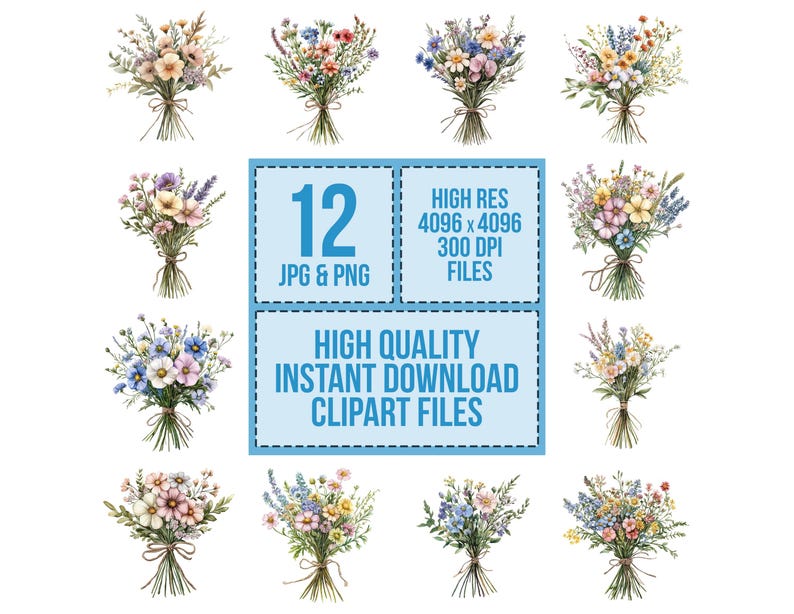 May include: Twelve watercolour illustrations of bouquets of flowers in various shades of pink, blue, yellow, and green. The bouquets are tied with twine and have a rustic, vintage aesthetic. The text "12 JPG & PNG", "HIGH RES 4096 x 4096 300 DPI FILES", and "HIGH QUALITY INSTANT DOWNLOAD CLIPART FILES" is included in the image.