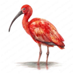 Peut inclure: Illustration à l'aquarelle d'un ibis rouge vif, debout dans l'eau peu profonde. L'oiseau présente un plumage rouge vif, un long bec noir incurvé et des pattes fines. L'œuvre est réalisée sur fond blanc, mettant en valeur les couleurs vives et les détails de l'oiseau.