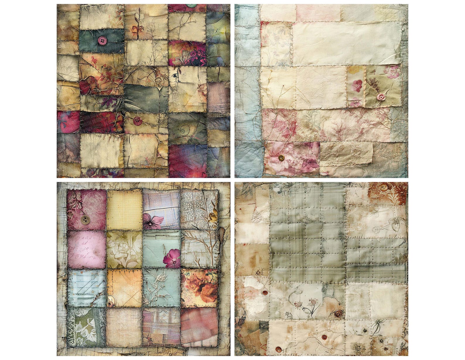 12x Vintage Patchwork Junk Journal Paper, Shabby Chic Digital Paper ...