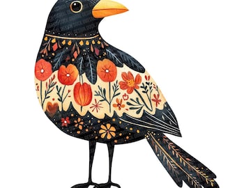 Folk Crow PNG Clipart, 12x Floral Crow Clip Art Set, Printable Watercolor Clip Art, Digital Download, Transparent PNG, Paper Crafts