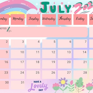 Editable July 2023 Calendar, Cute Pastel Floral, Printable Monthly Calendar Planner, Kids School Schedule, Instant Download, Cute Calendar