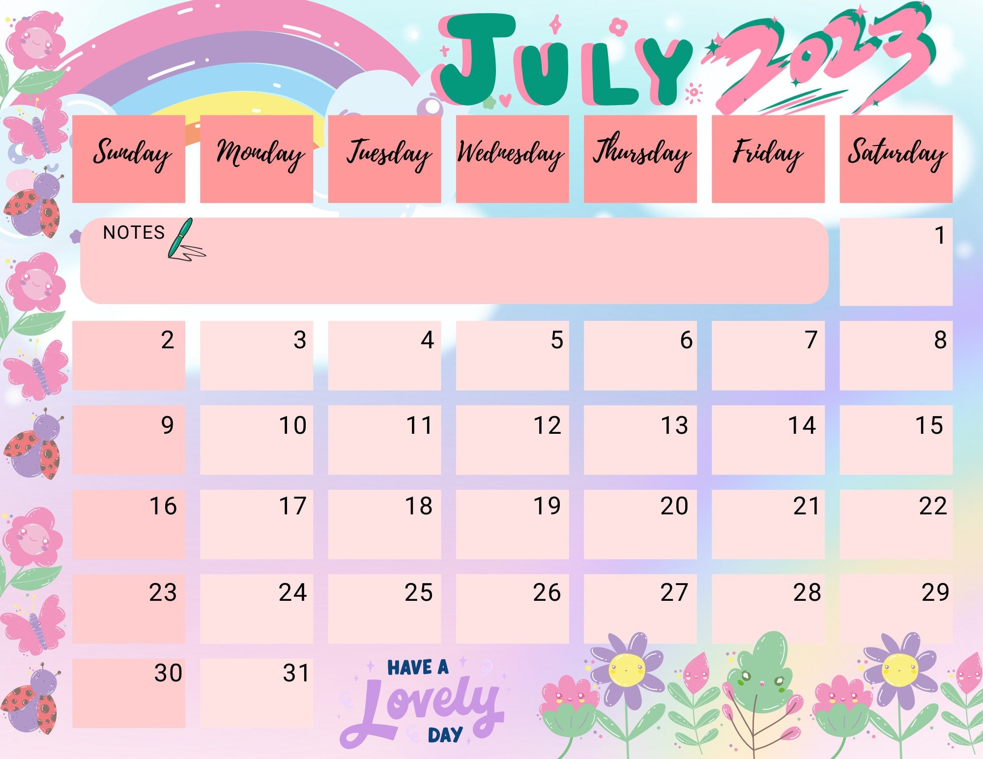 Editable July 2023 Calendar, Cute Pastel Floral, Printable Monthly