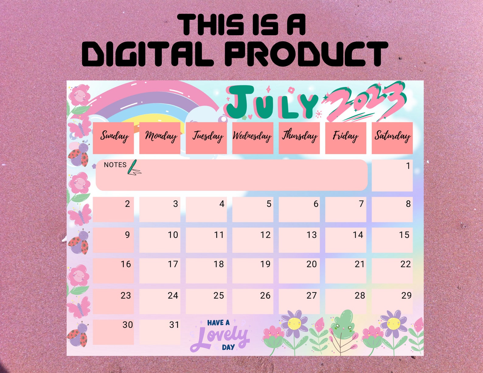 Editable July 2023 Calendar, Cute Pastel Floral, Printable Monthly