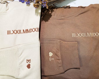 Embroidered Anniversary Date Hoodie, Roman Numerals Couples Sweatshirt,Beige Khaki Hoodie，Gifts for Her, Gifts for Him, Valentines Gift,