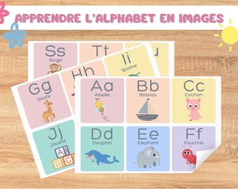 Learn the alphabet in pictures - 26 Printable cards for children. Learning letters through educational game.