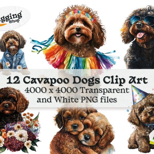 Cavapoo Dogs Puppies Watercolour Style Clip Art | High Resolution Transparent & White Background PNG Files | Printable Digital Paper Art