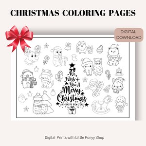 Könnte beinhalten: Schwarz-weißes Malbuch mit einem Weihnachtsbaum mit dem Text "We Wish You A Merry Christmas and Happy New Year". Die Seite enthält auch verschiedene weihnachtliche Illustrationen wie einen Schneemann, ein Rentier, den Weihnachtsmann und ein Lama.