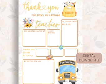 Regalo di apprezzamento per l'insegnante stampabile, insegnante di ringraziamento da colorare per bambini, tutto sul mio regalo per l'insegnante, biglietto di ringraziamento per l'insegnante