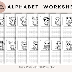 May include: Black and white printable alphabet worksheet featuring cute animal illustrations. Each letter of the alphabet is paired with an animal and has a section for tracing the letter.