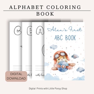 May include: A printable alphabet colouring book featuring a charming cartoon illustration of a squirrel wearing aviator goggles and flying a plane. The book is titled "Alex's First ABC Book".