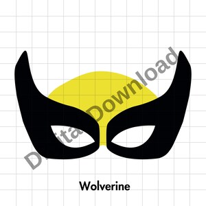 Puede incluir: M&aacute;scara de superh&eacute;roe negra y amarilla con la palabra "Wolverine" impresa debajo.