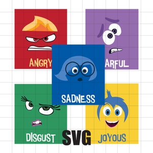 May include: Five colorful squares with cartoon faces representing different emotions: red with angry, blue with sadness, green with disgust, yellow with joy, and purple with fear. The text "SVG" is in black letters below the squares.