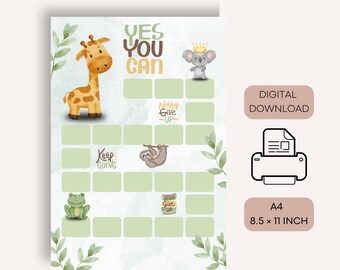May include: Printable chore chart for kids featuring a giraffe, koala, sloth, and frog. The chart has a green and white background with the text "Yes You Can", "Never Give Up", and "Keep Going". The chart is 8.5 x 11 inches.