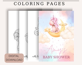 Páginas para colorear de unicornio editables, Unicornio de baby shower imprimible, Actividades de libros para colorear de unicornio, Páginas para colorear, Cumpleaños de fiesta de unicornio