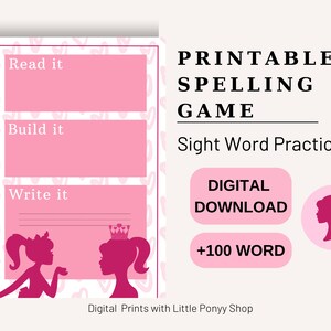 May include: Printable spelling game with a pink and white heart pattern background. The game includes a section to read, build, and write words. The text "Printable Spelling Game" and "Sight Word Practice" is displayed in black text. The text "Digital Download" and "+100 Word" is displayed in white text on pink buttons. A pink silhouette of a woman with a crown is displayed on the left and right sides of the game.