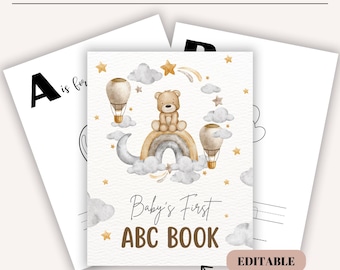 ABC ベビーシャワーぬり絵本、赤ちゃんの最初の ABC ブック、ベビーシャワーゲームまたはアクティビティ、編集可能