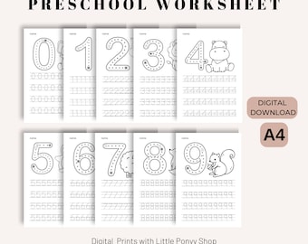 Fogli di lavoro stampabili per il tracciamento dei numeri in età prescolare Attività di scrittura dei numeri Fogli di lavoro con i numeri per l'apprendimento della scuola materna