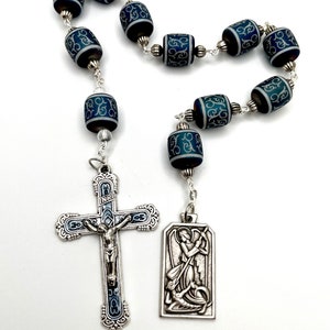 Saint Michael the Archangel Pray for Us Blue Ornate Detailed Crucifix and Premium Ornamented Beads Tenner Chaplet One Decade Rosary