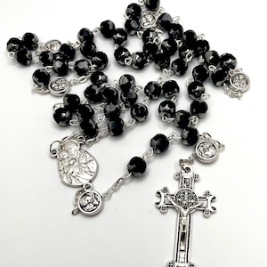 Saint Joseph + Holy Family Rosary- Black/Silver Czech Cathedral Beads, Ornate/Heavy St. Benedict Medal-Protection Crucifix- Husband, Father