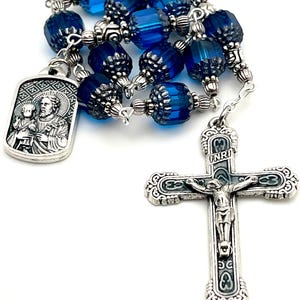 Rosario de bolsillo para caminar de una década con coronilla de San José Jesús / Cuentas de catedral con corona azul de cristal checo pulido al fuego / Rosario para él