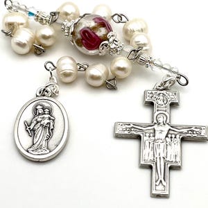 Our Lady Help of Christians, St. Damiano St. Francis Prayer Crucifix Genuine Freshwater Pearlc Lampwork Rose Tenner Chaplet One Decade Rosar